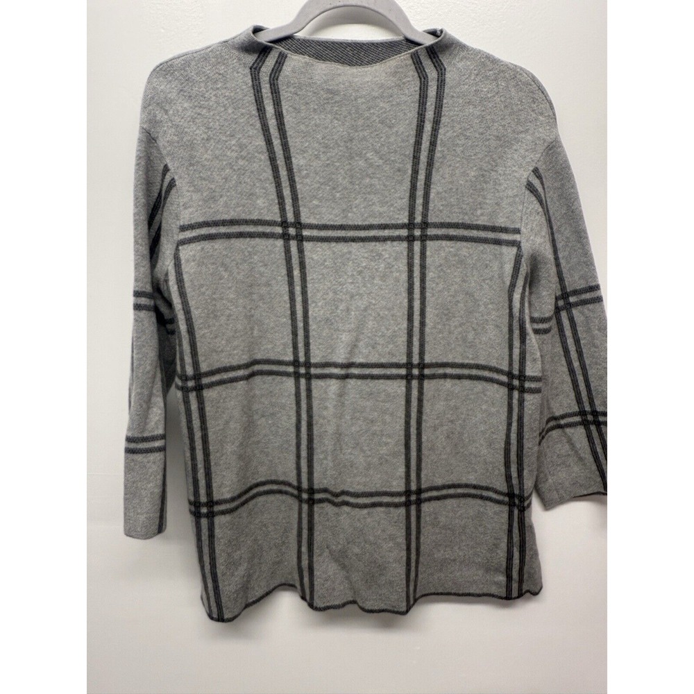 NEW J. Jill Sweater Small Windowpane Plaid Mock Neck 3/4 Sleeve Sweater Gray #43